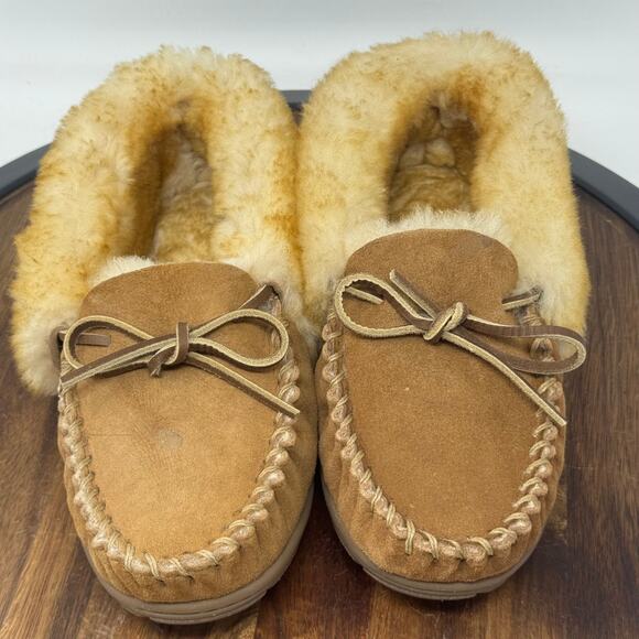 LL Bean Wicked Good Slippers Moccasins Tan Suede Cozy Warm Shearling Women's 7M - Picture 5 of 11